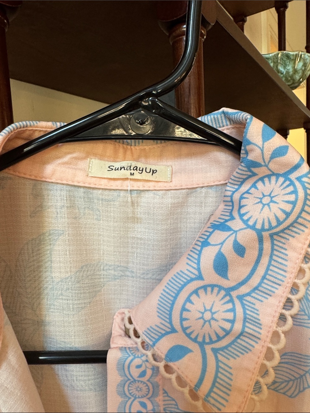 SundayUp Peach Maxi Shirt Dress with Blue Floral Motif full button down - Picture 2 of 6